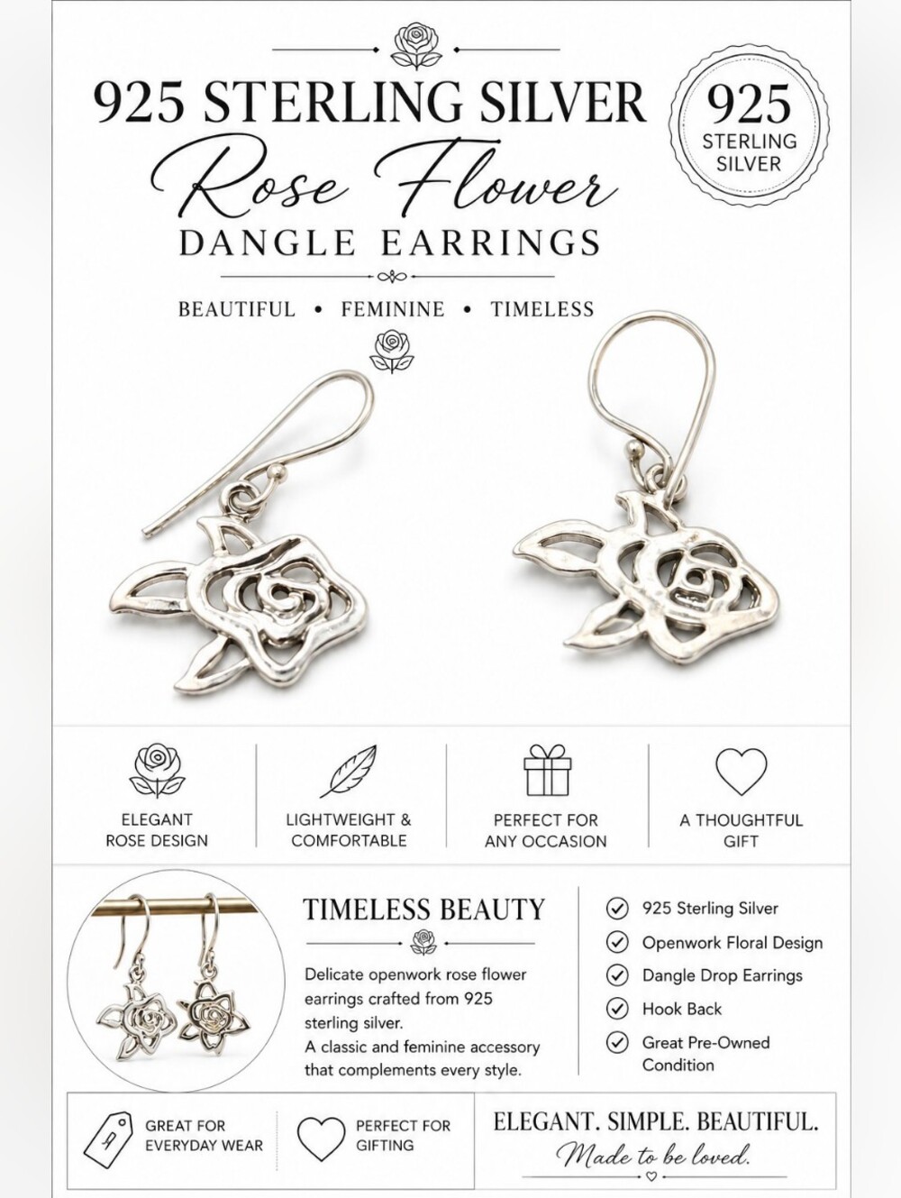 925 Sterling Silver Rose Flower Dangle Earrings Floral Hook Earrings